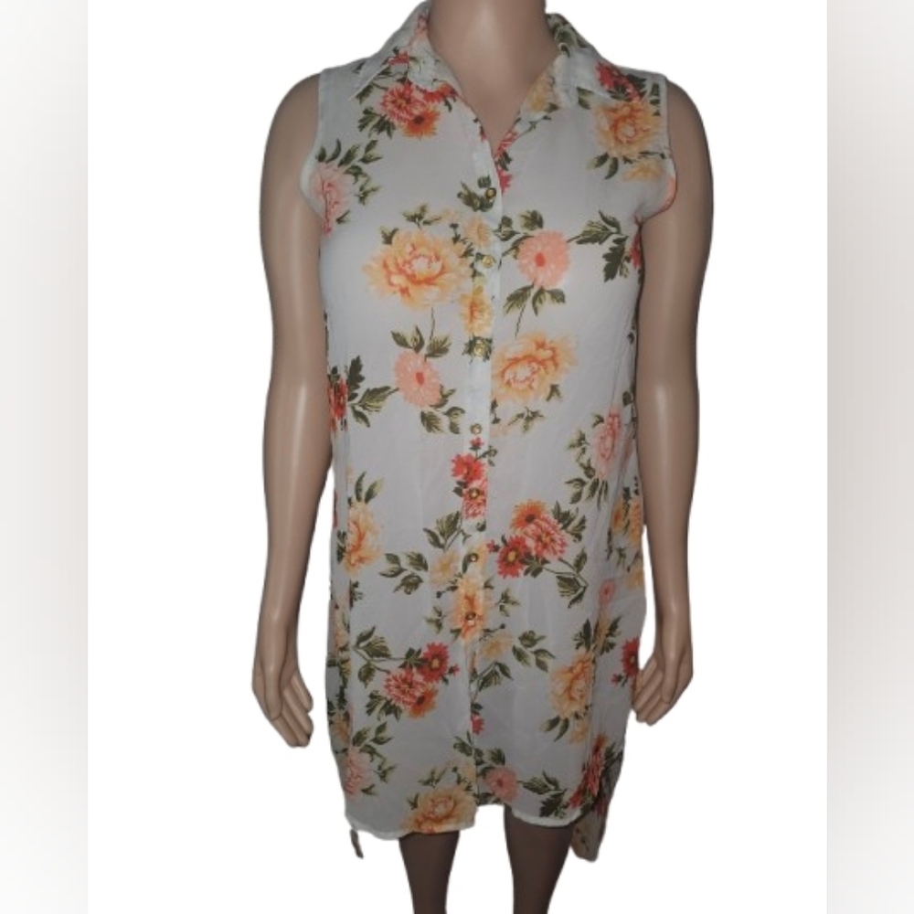 Floral Sleeveless Button-Down Shirt/Tunic L